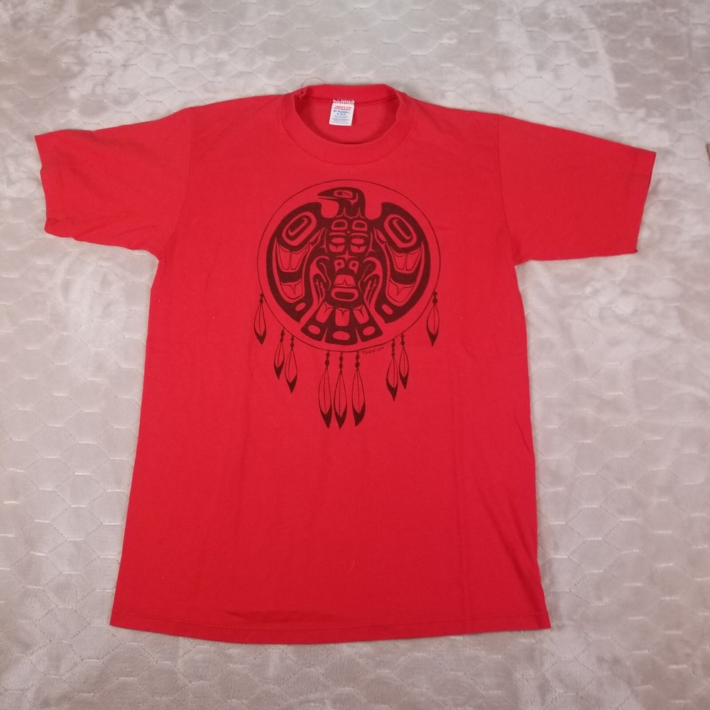 VTG 80s Jerzees Native American Alaskan Tresham Art T-Shirt Red Mens M Single St